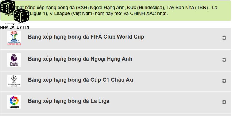 Bảng xếp hạng bóng đá thể hiện nhiều thông tin khác nhau